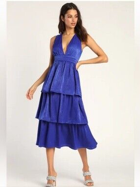Lulu's Cobalt One-Shoulder Tiered Evening Dress